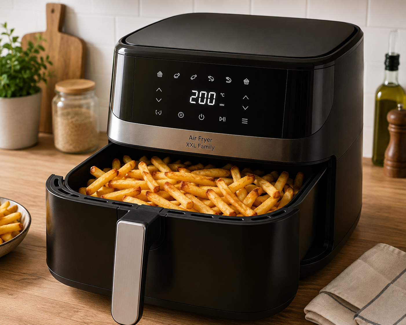 Air Fryer de grande capacité pour une famille de 4, panier rempli de frites maison