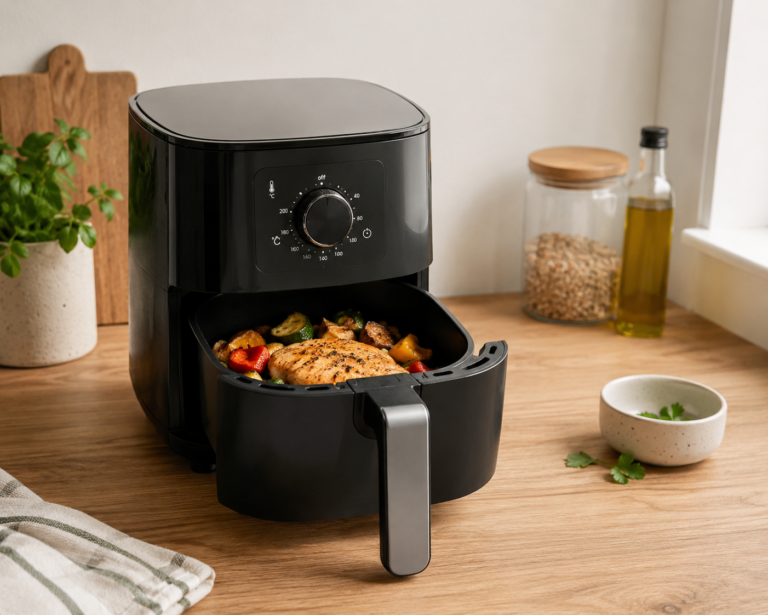 Air Fryer pour une personne seule posé sur un plan de travail, panier compact ouvert