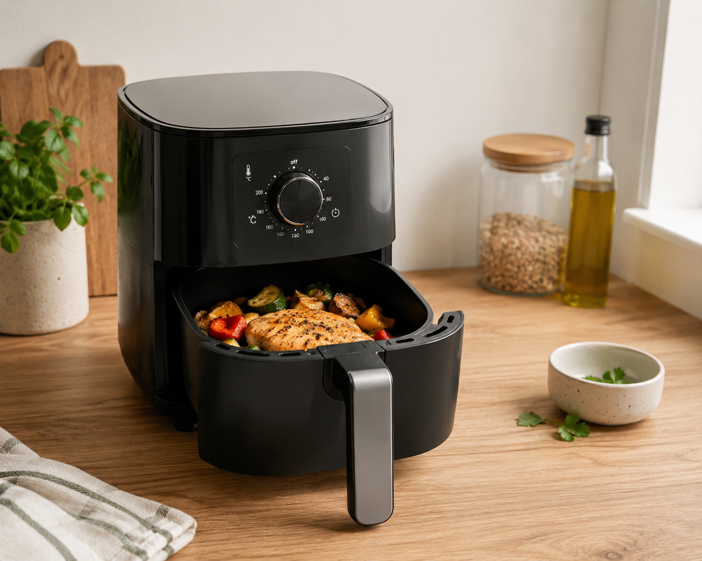 Air Fryer pour une personne seule posé sur un plan de travail, panier compact ouvert